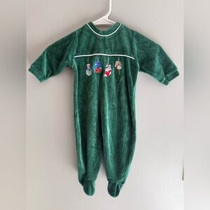 VTG Bright Furniture Green Velour Footed Button Christmas Pajamas Baby SZ 3-6M